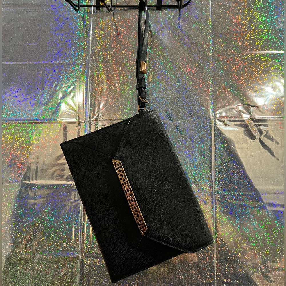 Stella & Dot Black Envelope Clutch Rose Gold Bar Detail Evening Bag